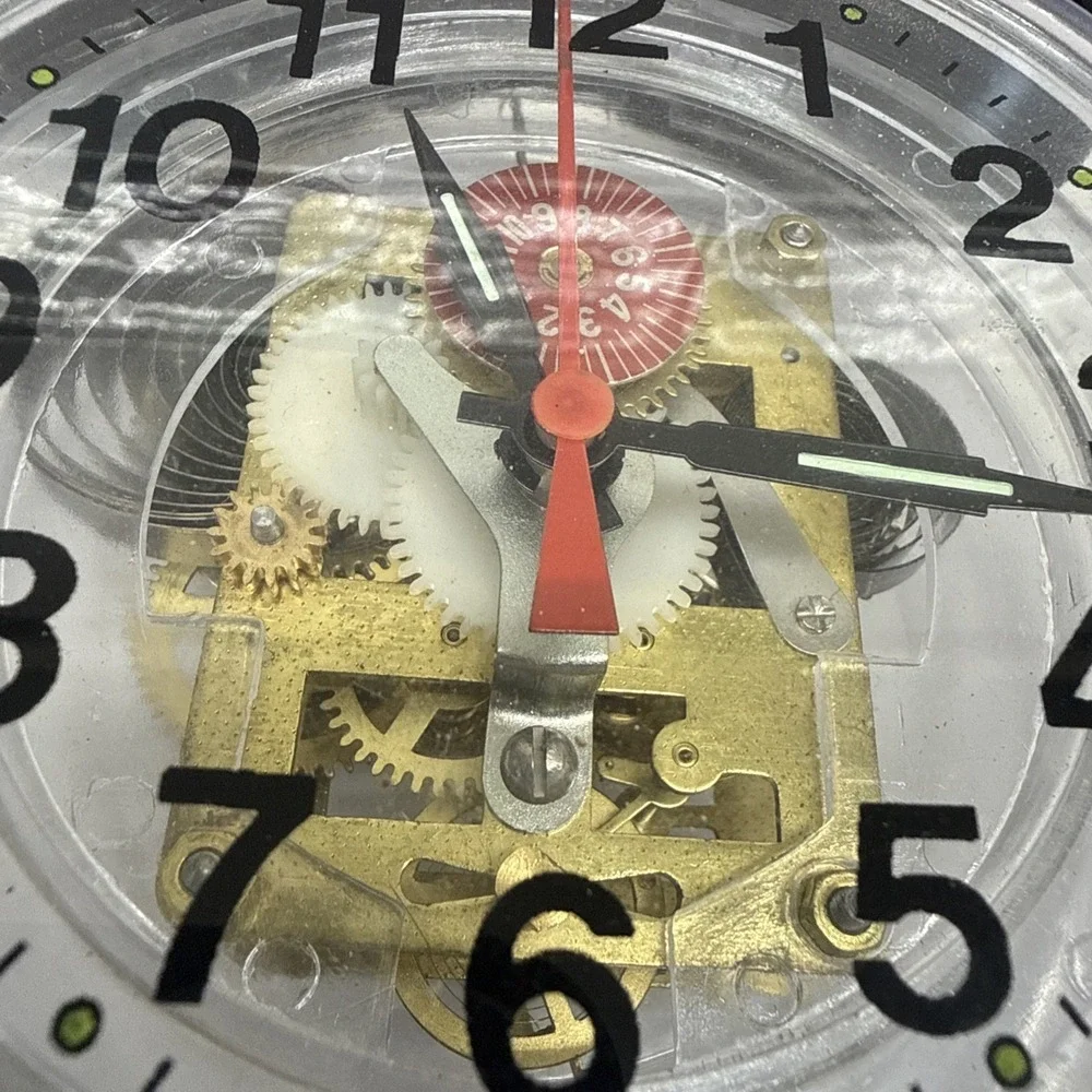 Vintage Wind Up Skeleton Alarm Clock Clear Acrylic Case Twin Bell Mechanical HTF